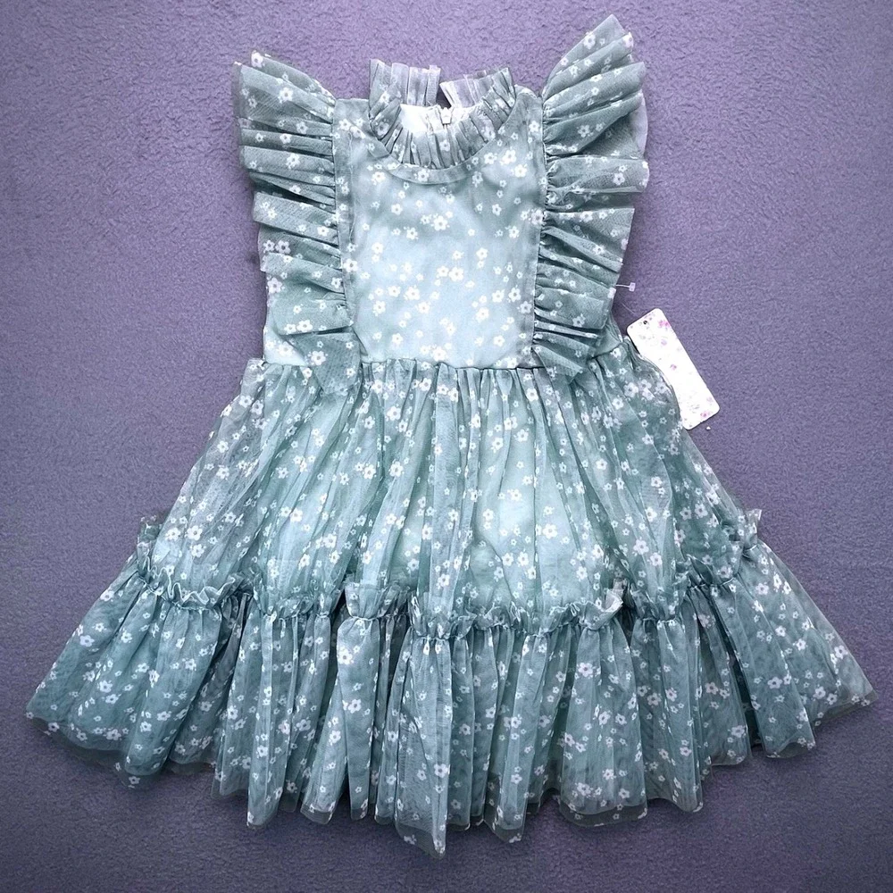 NWT Maddie & Michelle Girls Tulle Floral Ruffle‎ Tiered Dress Sage Green Size 6